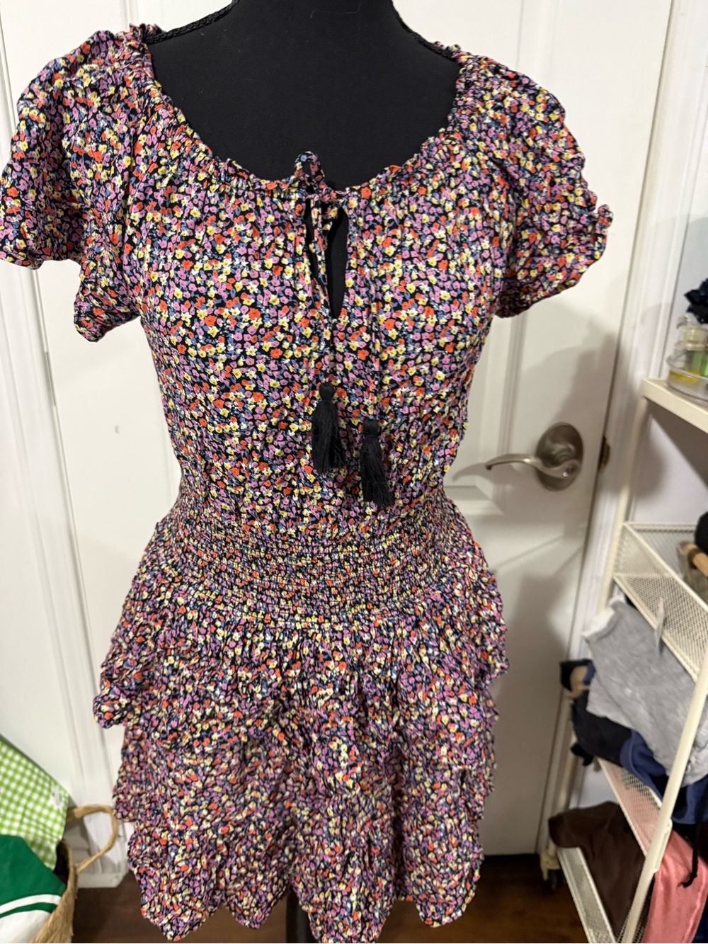 Patrons of Peace Floral Midi Dress in Black with Multicolor Floral Print